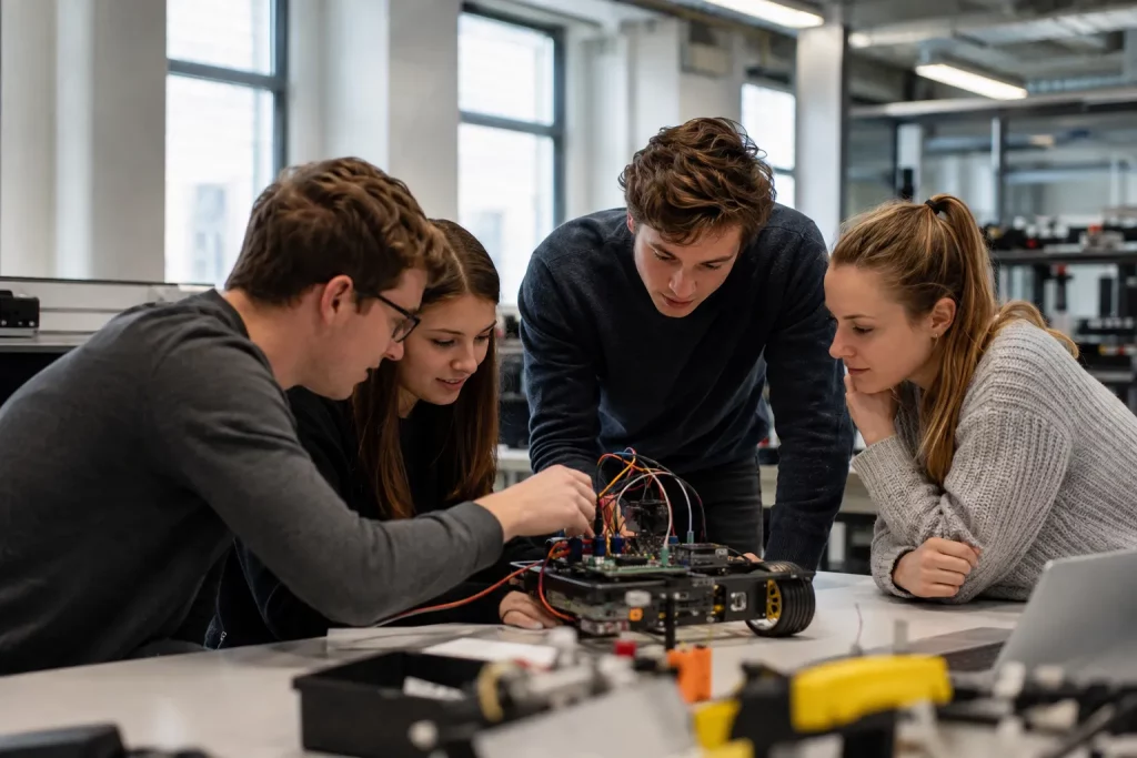 grupa studentów w jasnym laboratorium lub pracowni akademickiej wspólnie realizująca konkretny projekt, jedna spójna scena pracy, bez pozowania do zdjęcia.