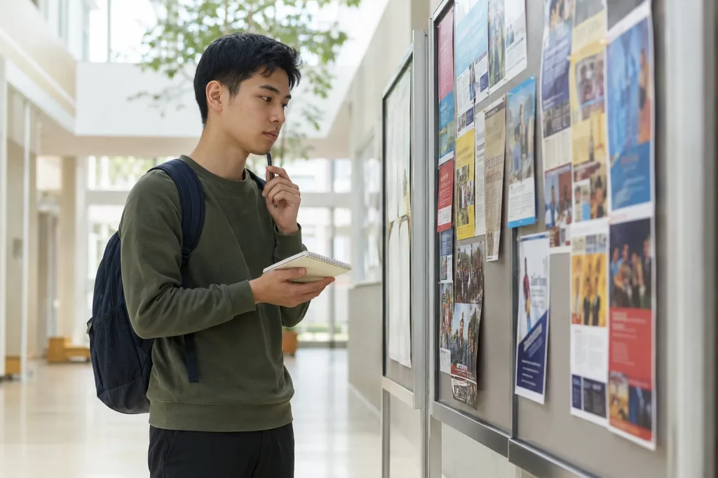 studentka stojąca przed tablicą informacyjną na jasnym kampusie i porównująca kilka ofert działalności studenckiej, telefon schowany, w dłoni notes.