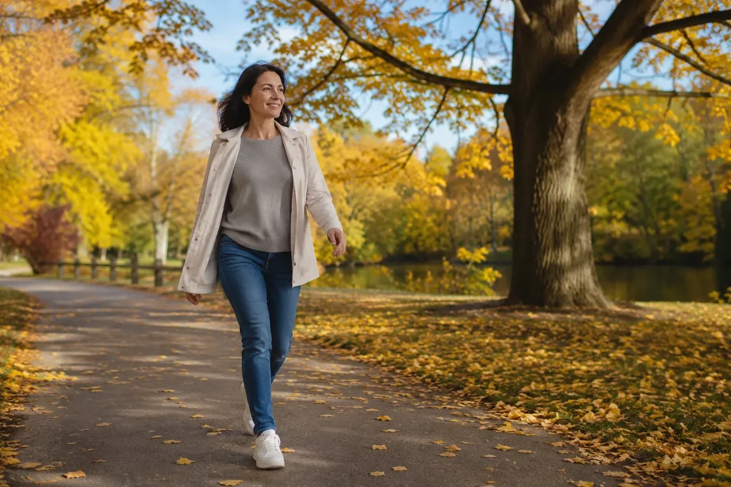 jasny park jesienią, dorosła osoba podczas energicznego spaceru w lekkiej kurtce, naturalny ruch i miękkie dzienne światło, bez sportowego ekstremum.