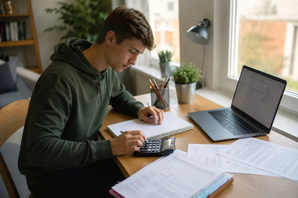  student przy jasnym biurku planujący miesięczny budżet, obok laptop, notes z kategoriami wydatków, kalkulator i kilka dokumentów uczelnianych, bez gotówki rozsypanej na stole.