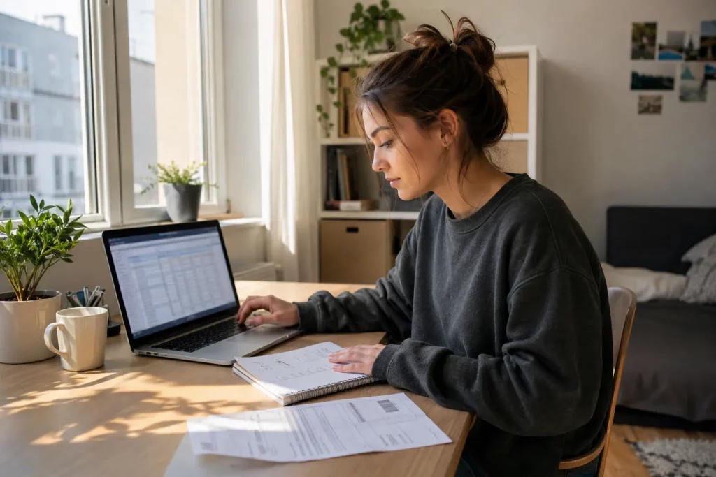 studentka w jasnym mieszkaniu wpisująca miesięczne koszty studiów do prostego arkusza na laptopie, obok rachunek za mieszkanie, notes i kubek, realistyczna scena finansowego planowania.