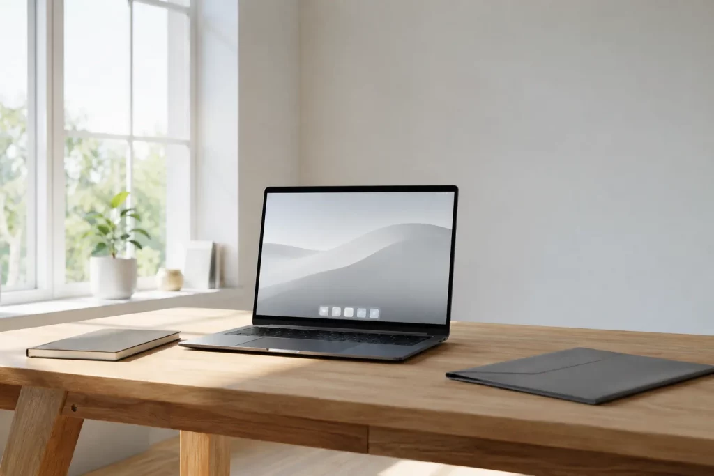 jasne minimalistyczne stanowisko pracy, laptop z prawie pustym pulpitem systemowym, obok notes i jedna teczka, dużo światła dziennego, spokojna scena bez widocznych marek.