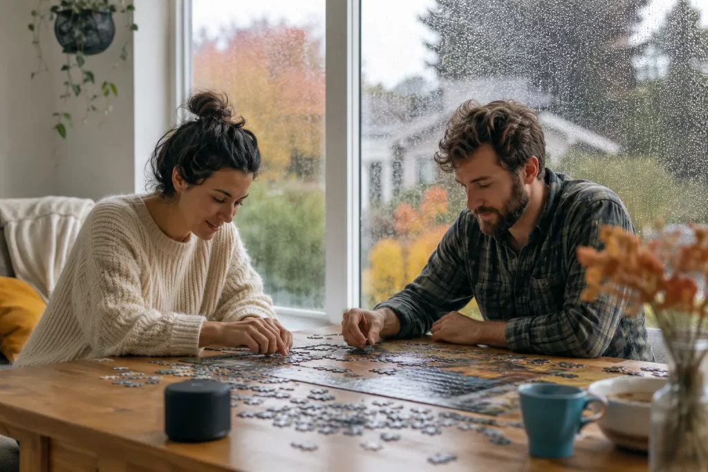 deszczowe jasne popołudnie, dwie osoby przy stole układające puzzle i słuchające czegoś z niewielkiego głośnika, duże okno z kroplami deszczu w tle.