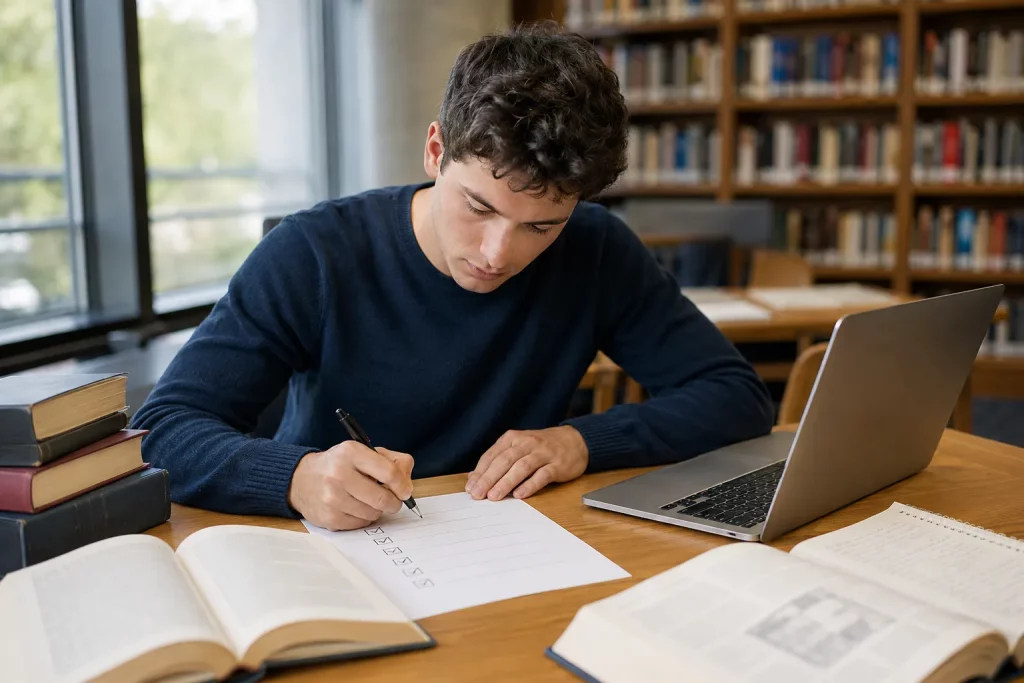 jasna biblioteka akademicka, student zaznaczający osiem punktów na wydrukowanym planie wstępu, obok otwarty laptop i kilka publikacji naukowych.