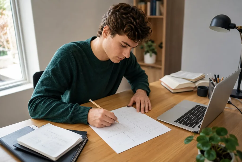 student pracujący nad wstępem pracy na jasnym biurku, na kartce obok laptopa widoczny schemat ośmiu krótkich bloków bez czytelnych szczegółów.