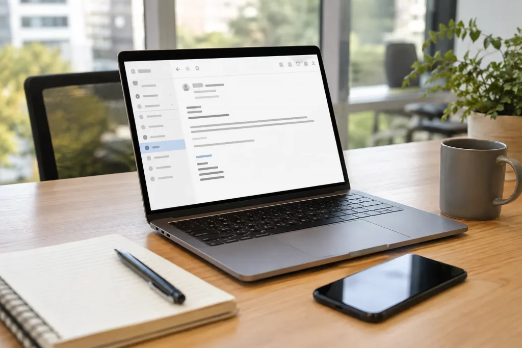 jasne biuro, laptop z otwartym oknem nowej wiadomości e-mail i krótkim, schludnym podpisem na dole, obok notes i telefon, bez czytelnych danych osobowych.