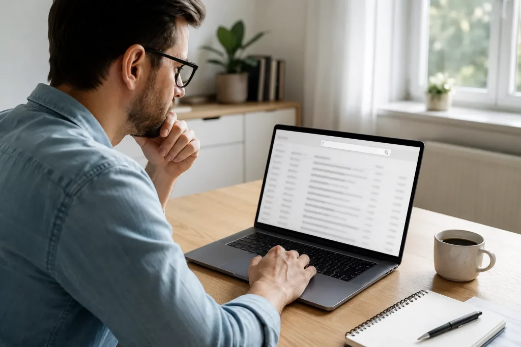 jasne biurko, laptop z abstrakcyjną listą wielu wiadomości e-mail i polem wyszukiwania, osoba porządkująca skrzynkę przy pomocy prostych zapytań, obok notes i kawa, bez czytelnych danych.