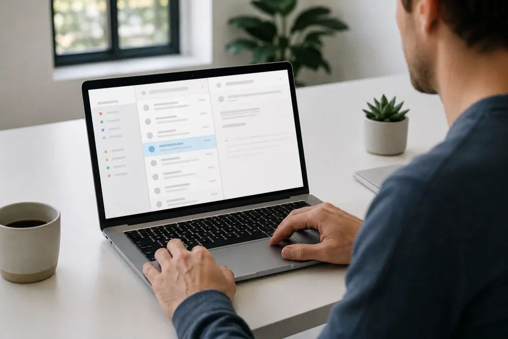 jasny ekran laptopa z abstrakcyjną skrzynką e-mail i kilkoma prostymi kolorystycznie neutralnymi kategoriami po lewej stronie, osoba wskazująca jedną wiadomość, minimalistyczne biuro.