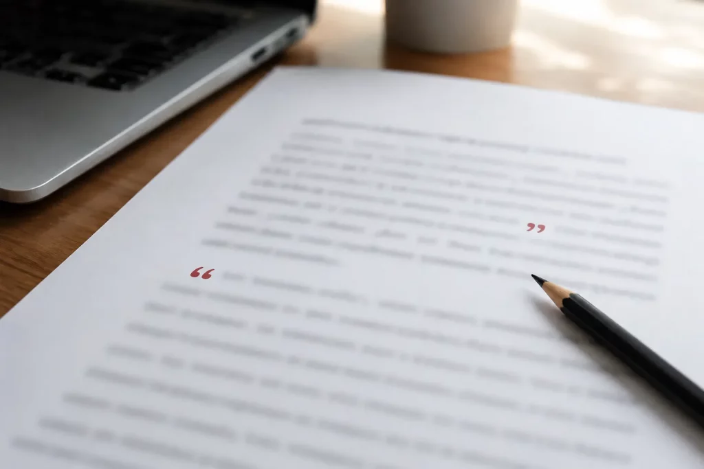 jasne biurko redaktora, wydrukowany polski tekst z dużym zaznaczonym przykładem poprawnej pary znaków cudzysłowu, obok ołówek, laptop i notes, bez czytelnych dłuższych fragmentów tekstu.