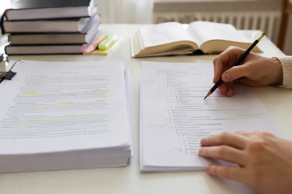 student przy stole porównuje dwa wydrukowane dokumenty: plan pracy i wytyczne uczelni, zaznacza ołówkiem zakresy rozdziałów; jasne, spokojne wnętrze
