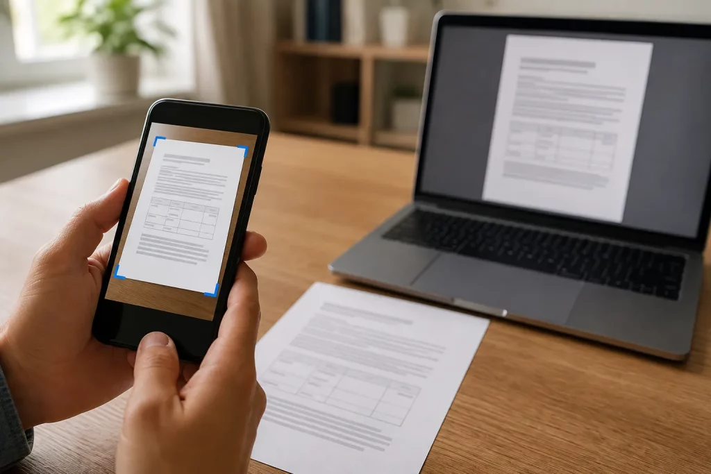 zbliżenie na ekran telefonu z fotografowanym dokumentem i widoczną korektą perspektywy, obok laptop z otwartym plikiem PDF, jasne domowe biuro, brak czytelnego tekstu i danych