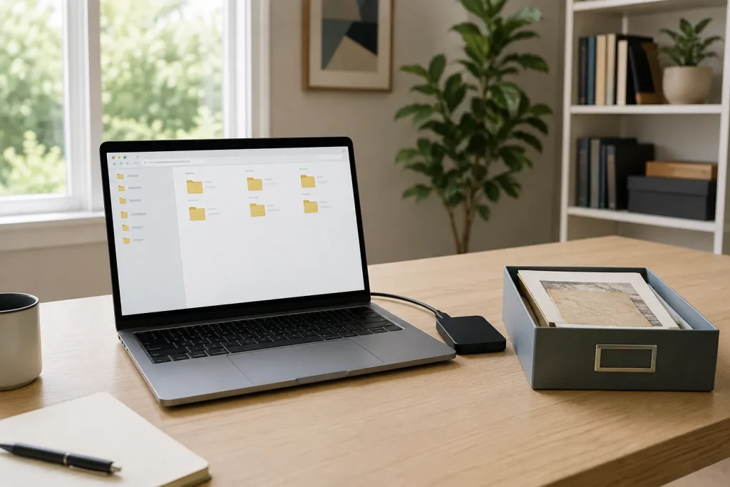  jasne domowe biuro, laptop z prostą strukturą folderów dokumentów, obok niewielkie pudełko z kilkoma oryginałami i zewnętrzny dysk, minimalistyczna scena bez czytelnych nazw i danych
