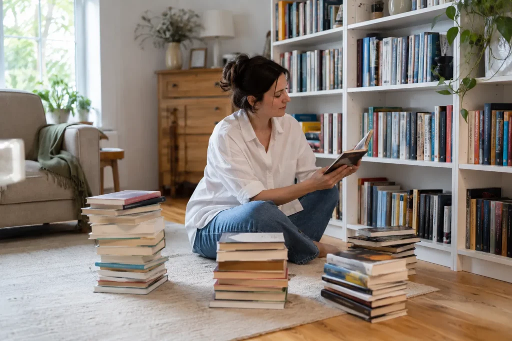 jasny salon z domową biblioteczką podczas selekcji, kilka uporządkowanych stosów książek na podłodze oznaczających „zostaje” i „do oddania”, osoba przeglądająca jeden tom, naturalne światło, spokojne neutralne wnętrze