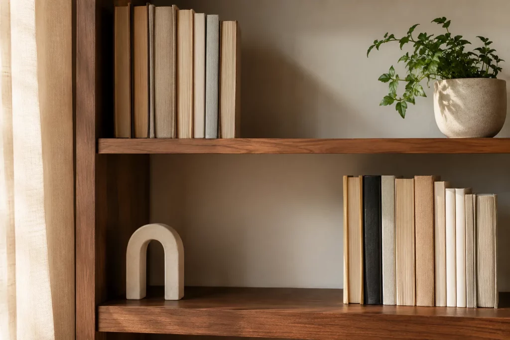 elegancka, jasna domowa półka z książkami, niewielką rośliną i jedną ceramiczną podpórką, część przestrzeni celowo pozostawiona pusta, naturalne światło boczne, minimalistyczne wnętrze