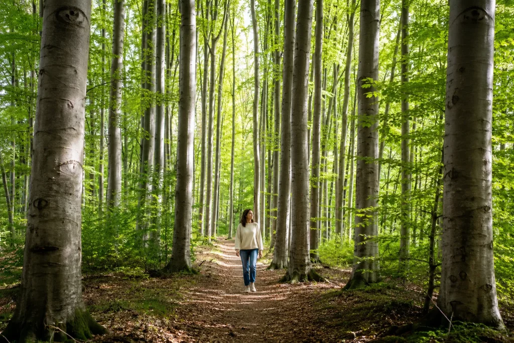 jasny bukowy las, jedna osoba idąca bardzo powoli szeroką ścieżką bez plecaka trekkingowego i kijków, miękkie światło między drzewami, spokojna naturalna scena bez pozowania