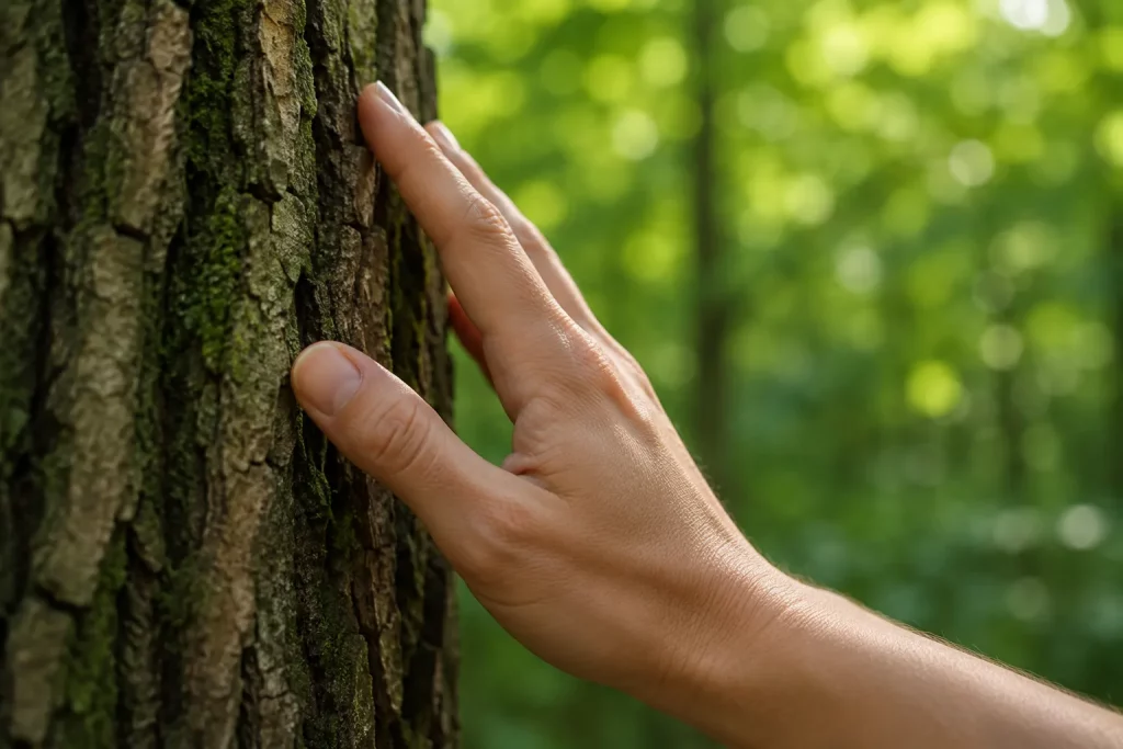 zbliżenie na dłoń delikatnie dotykającą kory drzewa, w tle rozmyta jasna zieleń i leśna ścieżka, naturalne światło, spokojny realistyczny kadr