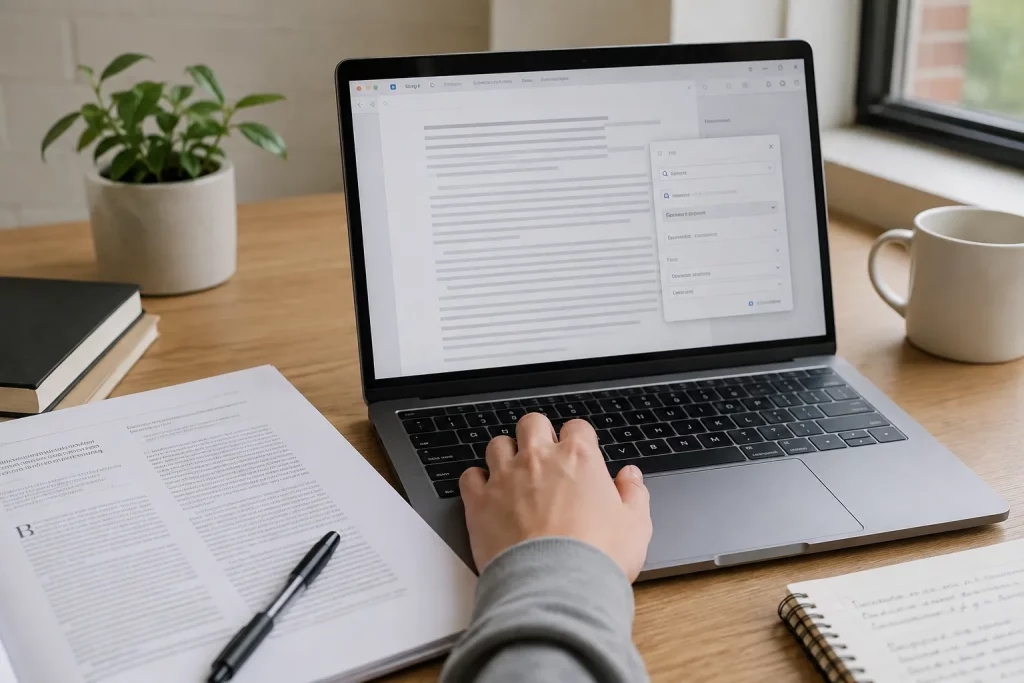 jasne biurko, ekran laptopa z dokumentem akademickim i otwartym panelem dodawania cytowania, obok wydrukowany fragment artykułu i długopis, nowoczesne spokojne wnętrze, brak czytelnego tekstu