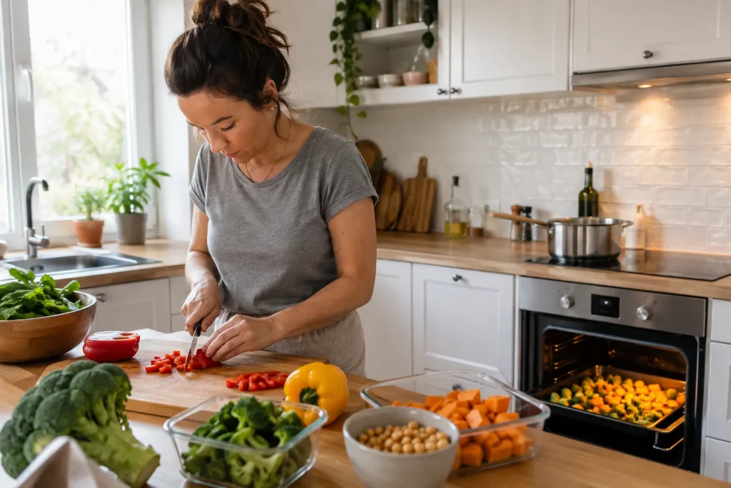 jedna osoba przygotowująca meal prep w jasnej kuchni, piekarnik pracuje, na blacie krojone warzywa i kilka pojedynczych naczyń, naturalna scena bez pozowania